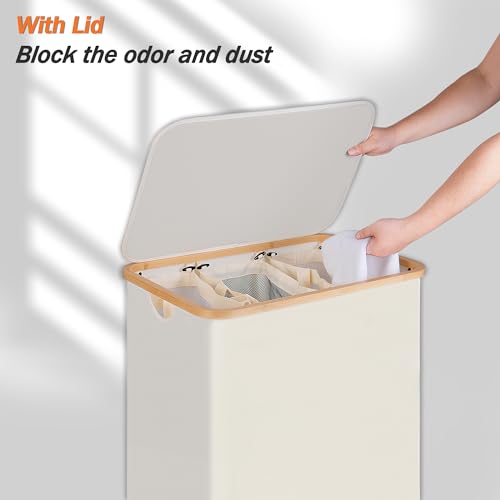 efluky Laundry Hamper 3 Section with lid and 3 Removable Bags, Beige - image 3