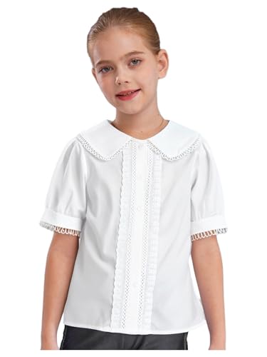 FEESHOW Kids Girls Short Sleeve Button Down Shirts Lapel Collar Lace Trim Blouses School Uniform Princess Party Tops