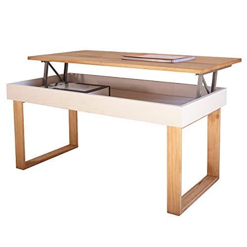 LoMasCasa - Mesa de Centro Modelo Ebro Elevable de Madera Maciza de Pino Natural con Patas de Madera - Color Blanco y Madera -Estilo Nórdico - Medidas 100x50x48 cm