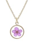BONALUNA Pressed Flower Circle Frame Pendant with Yellow Gold Plated Necklace