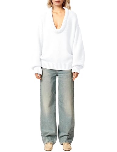 Image of MISSACTIVER Women's Low Cut U Neck Oversized Sweater Casual Solid Long Sleeve Drop Shoulder 2024 Winter Pullover Jumper Tops Beige