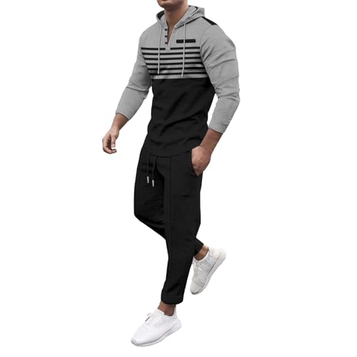 Sweatshirts Set for Mens 2 Piece Color Match Stripe Texture Long Sleeve Hoodies Hiking Pants Summer Athletic Clothes