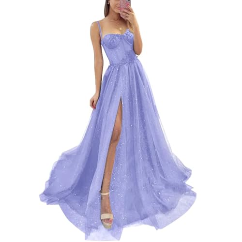Glitter Tulle Prom Dresses Long for Women 2025 Spaghetti Straps Sweetheart Formal Evening Party Ball Gowns with Slit - Main Image