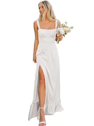 Satin Square Neck Bridesmaid Dresses for Women Long Ruffle Split Formal Evening Party Gowns