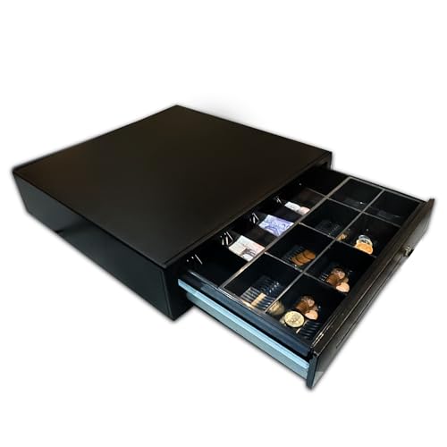 POSSAFE Cajón de efectivo con 5 billetes y 8 bandejas extraíbles para monedas | Caja de efectivo de apertura automática con llave | Mecanismo de bloqueo seguro de caja registradora electrónica para