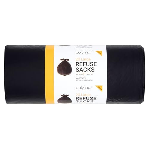 Polylina 20 Tie Top Large Tough Durable Heavy Duty Bin Bags Refuse Sacks, Recycled Plastic, Black, 110 Litre