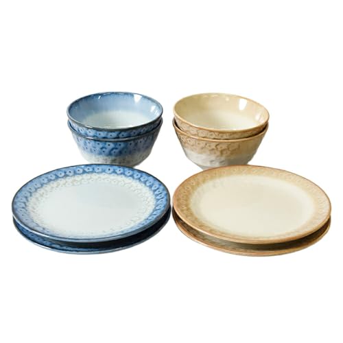 [美濃焼]スモークリース 印花型 5.0皿 3.6小鉢 各4点 合計8点 セット ブルー&ブラウン MEI211-3