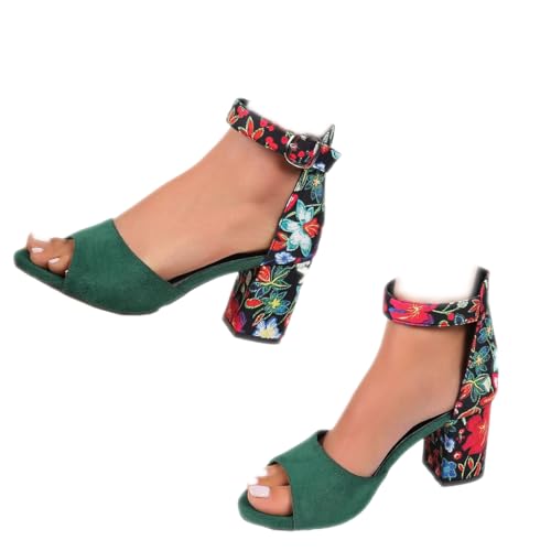 Women's Floral Print Open Toe Block High Heels Summer Party Weddings Womens Sandals
