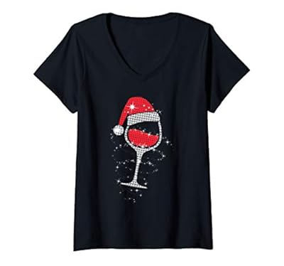 Womens Wine Glasses Santa Hat Christmas Funny Wine Lover Gifts Xmas V-Neck T-Shirt