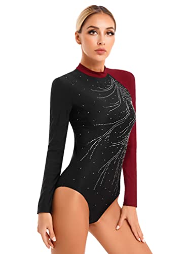 Dpois Womens Gymnastics Leotards Long Sleeve Shiny Dance Ballet Performance Unitards Bodysuit Top Dancewear Burgundy Medium #TOP1