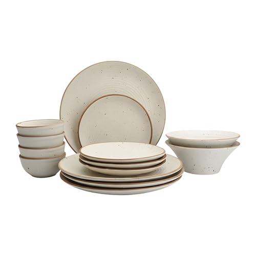 Image of Miah Decor Ceramic Dinner Set - 14-Piece Handmade Stoneware | 4 Bowls, 4 Quarter Plates, 4 Dinner Plates & 2 Serving Bowls | Off White Ribbed Matte Finish | Microwave & Dishwasher Safe | Ideal Gift