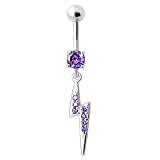 Purple CZ Stone Lightning Bolt Dangling 925 Sterling Silver Belly Button Ring Jewelry