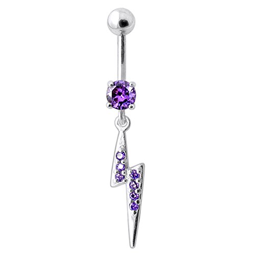 Purple Cz Stone Lightning Bolt Dangling 925 Sterling Silver Belly Button Ring Jewelry #TOP18