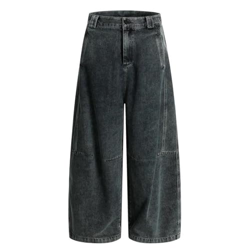 Men's Spliced Washed Denim Jeans, Retro Street Style, Loose Wide Leg, Distressed Pocket Design2