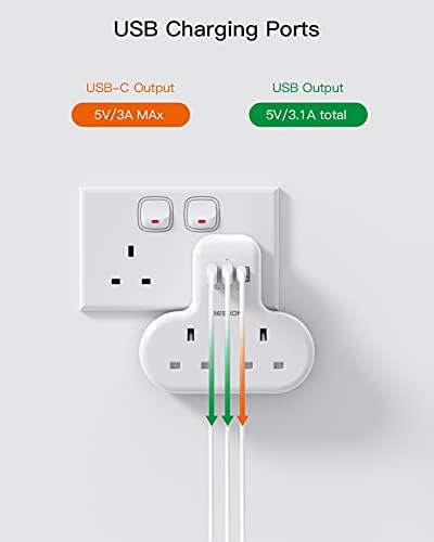Double Plug Extension with 3 USB (1 USB-C), 2 Way Plug Adaptor Multi Plug Adpater, BESHON 13A UK 3 Pin Socket Extension for Travel, Home and Office