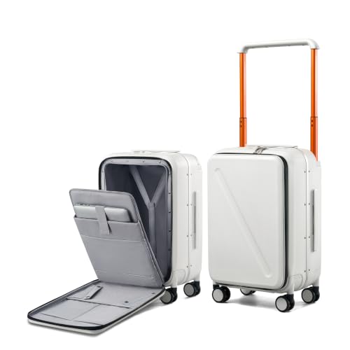 MILADA Wide Handle Carry On Luggage with Front Pocket Hardshell 20 Inch Front Opening Luggage with Spinner Wheels TSA Lock Aluminium Suitcase Airline Approved Carry-On Travel Luggage, White