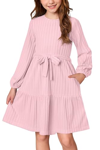Girls Long Sleeve Dresses Removable Tie Belt Fall Ribbed Dress Ruffle Hem with Pockets 6-14 Years