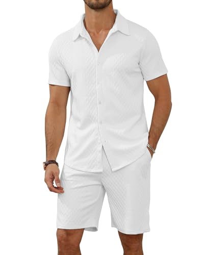 MLANM Men's 2 Piece Outfit Summer Short Sleeve Button Down Shirts and Shorts Sets with Pockets2