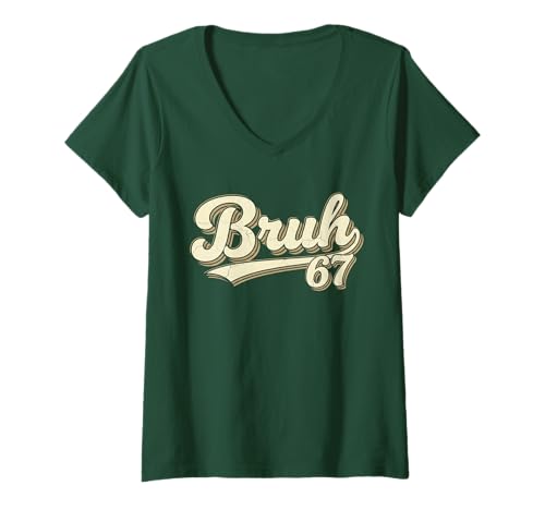 Womens Bruh 67 Baseball Style Meme Slang Sports Number Graphic V-Neck T-Shirt
