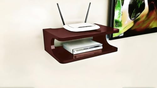 Image of Floating Wall Mounted TV Shelf for Set Top Box, WiFi Router, Gaming Console & Decorative Items | Modern Wall Storage Rack for Living Room, Bedroom & Office (Brown)