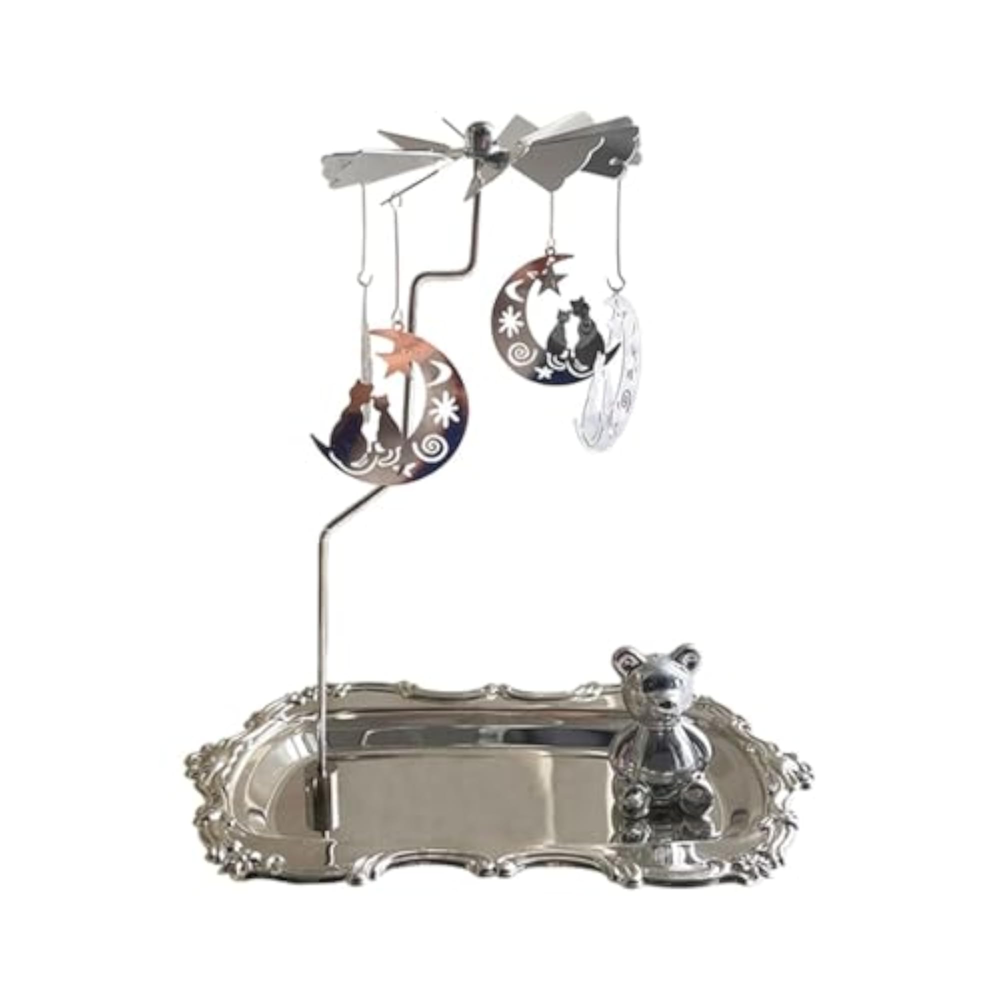 Rotating Candle Holder with Tray, Silver Cat Design