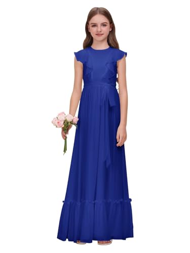 Chiffon Junior Bridesmaid Dress for Wedding Ruffle Sleeves Crew Neck Long Belt Party Formal Flower Girl Dress