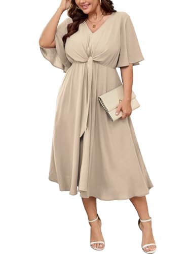 Image of SCOMCHIC Women Plus Size Midi Dresses Wedding Guest Short Sleeve V Neck Tie Waist Casual Summer Flowy A Line Dress