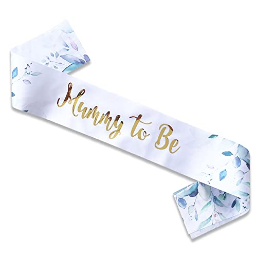 Satin Mummy to Be Sash White with Gold Text & Botanical Flowers Neutral Unisex Baby Shower Sash for Mum Party Decoration & Keepsake Gift
