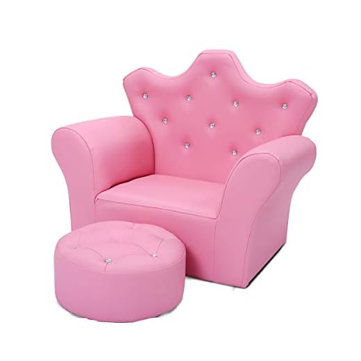 HONEY JOY Kids Sofa, Children Princess Upholstered Couch Armrest Chair with Ottoman, PVC Leather & Embedded Crystal, Toddler Bedroom Furniture for Baby Girl(Pink Crown Shape with Footstool)