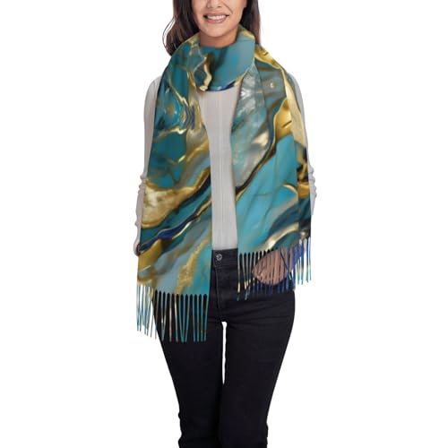Azurite Teal and Foil Gold Oil Marble Pattern Print Imitation cashmere long velvet tassel scarf,Winter keep Warm Shawl Wrap.2