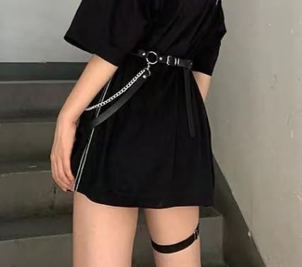 Women's Punk Garter Belt PU Leather Tassel Thigh Belt Chain Single Side Leg Loop Fashion Waist Garter Belt Adjustable Black Body Chain Belt Harness Chest Belt for Party Clubwear Dress Up
