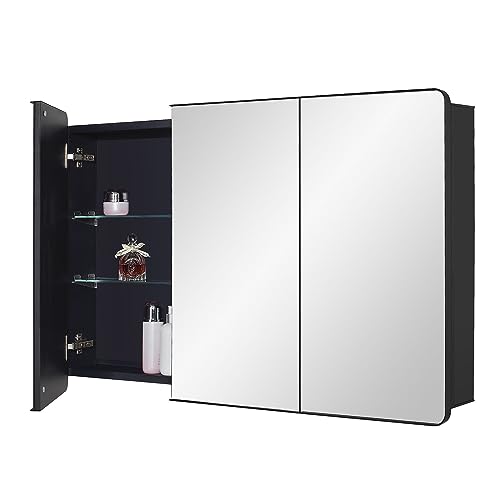 Image of IDYLLOR Black Bathroom Medicine Cabinet with Round Corner Framed Door, 40 x 25.5 inch, Recessed or Surface Mount, with Adjustable Glass Shelves