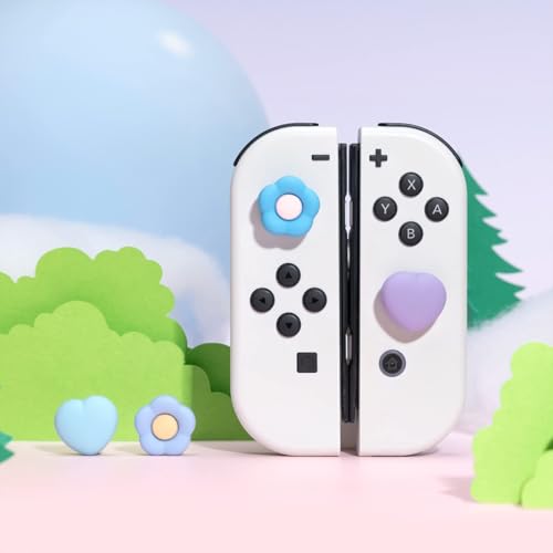 Image of GeekShare Silicone Joy Con Thumb Grip Caps, Joystick Cover Compatible with Switch /OLED /Switch Lite,4PCS - Heart & Flower (Blue&Purple)