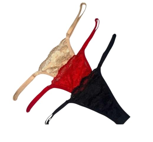 Women's Lace Thong Panties, Sexy Floral Lace G-String Underwear, Low Rise Soft Stretch Bikini Briefs, Breathable Everyday Lingerie (Pack of 3, Black/Red/Nude)-picture-24