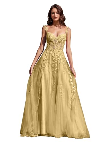 Image of Long Tulle Prom Dresses 2025 V Neck Floral Long Ball Gowns for Women Lace Applique Formal Evening Gowns ACE159