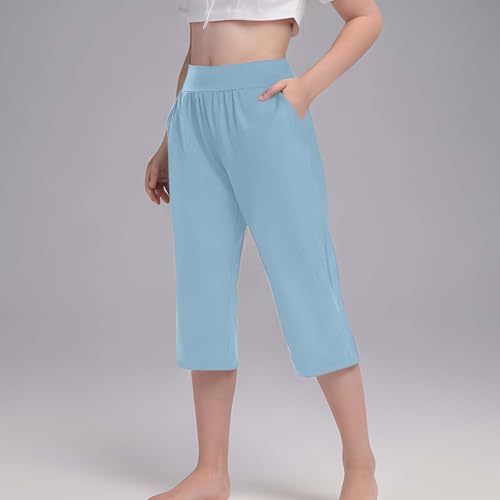 Girls' 𝐂apri Leggings Kids Workout Toddler Soft 𝗦tretch Crop Knee Pant Summer Cropped Pants (Light Blue, 13-14 Years)3
