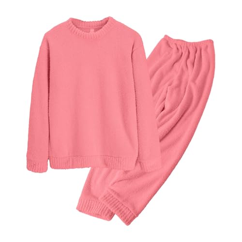 Generisch Women's Long Winter Terry Cloth Pyjamas Set, Warm Winter Sleepwear, Fluffy Sleep Shirt, Sleep Bottoms, Two-Piece Outfit, Crew Neck, Terry Towelling Pyjamas, Lightweight Sleepwear