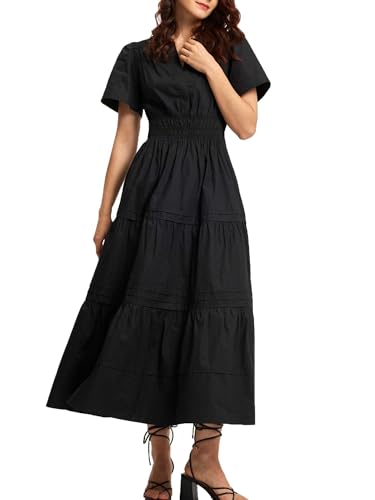 ShallWe Women's Black Summer Dress Casual Long Maxi Short Sleeve Layered Cotton V Neck A Line Flowy Dresses for Women 2025