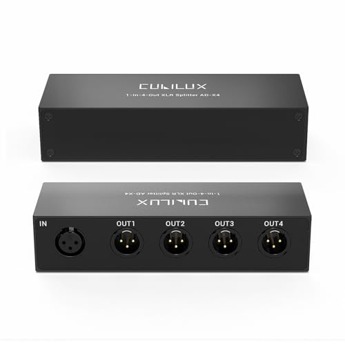 Cubilux XLR Audio Splitter 4 Way Passif, Répartiteur XLR Mono 1 Entrée 4 Sorties, Distribution de Signal Audio Symétrique pour Microphone et Signal Line, Boîtier en...