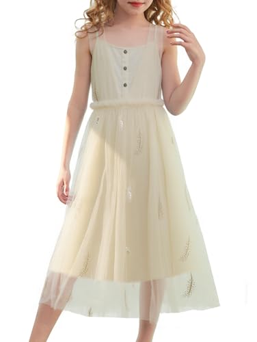 New 4-11Years Girls Beige Tulle Cami Dress Sparkle Feather Cotton Lined Party Dress