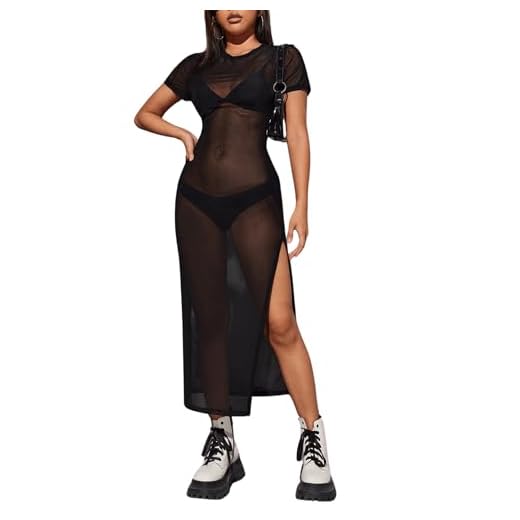 Verdusa Women's Split Thigh Sheer Mesh Short Sleeve Long Bodycon Cover Up Beach Wear Dress Black S