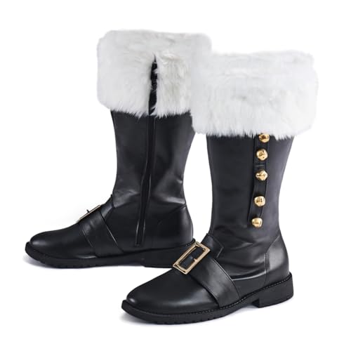 DUNHAO COS Christmas Santa Claus Boots Mens Halloween Costume Black Boots Wide Calf With White Fur - Buckle Strap US 13/CH48