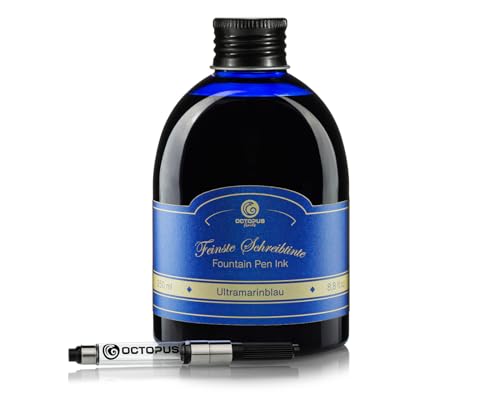 Octopus Fluids Klassik Füllhaltertinte Ultramarinblau - Set mit 250ml Nachfüllflasche & Tinten-Konverter, hochwertige Schreibtinte für Füllhalter und Schreibfedern
