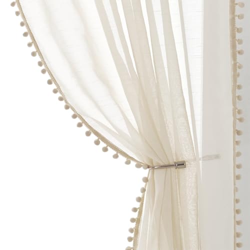 Treatmentex Cortinas Salón Modernas 2 Piezas con Pompones, Diseño para Filtrar Luz, Cortinas Translucidas Elegantes para Dormitorio, 140x245 cm, Beige