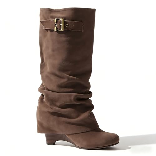 onlymakerheels Slouchy Wedge Suede Boots Knee High Pull On High Heels Brown Size9.5