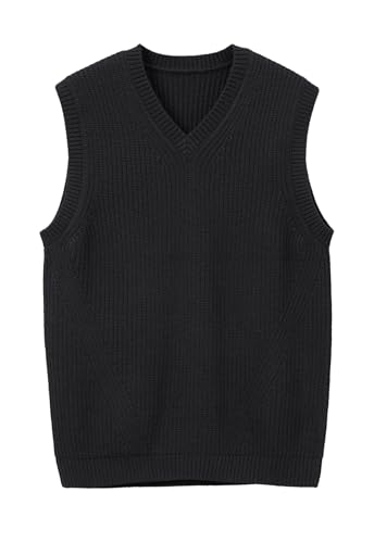 Suéter de Punto sin Mangas de Cuello V para Hombres Blusa Delgada para Hombres de Color sólido_Black_Large