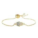 Evil Eye Hamsa Hand Bracelet for Women Dainty 14K White Gold Plated Zircon Inlay Eye Charm Chain Bracelet Adjustable Minimalist Jewelry (blue hamsa hand gold)