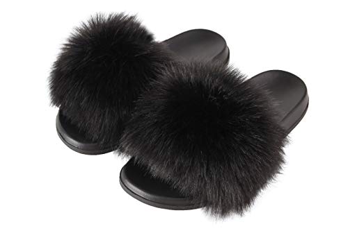 Image of Hangrui Women's Faux Fur Slides, Open Toe Cute Fluffy Slippers, Comfortable Furry Sandals