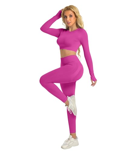 YOAKUKA 2 Piece Workout Legging Sets for Women Yoga Gym Outfit Seamless Long Sleeve Athletic Active Wear Tummy Control3