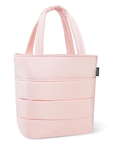 Aosbos Quilted Lunch Bag - Leakproof Puffer Insulated Tote, Lunch Box for Women, Work, Office, Picnic, Pink